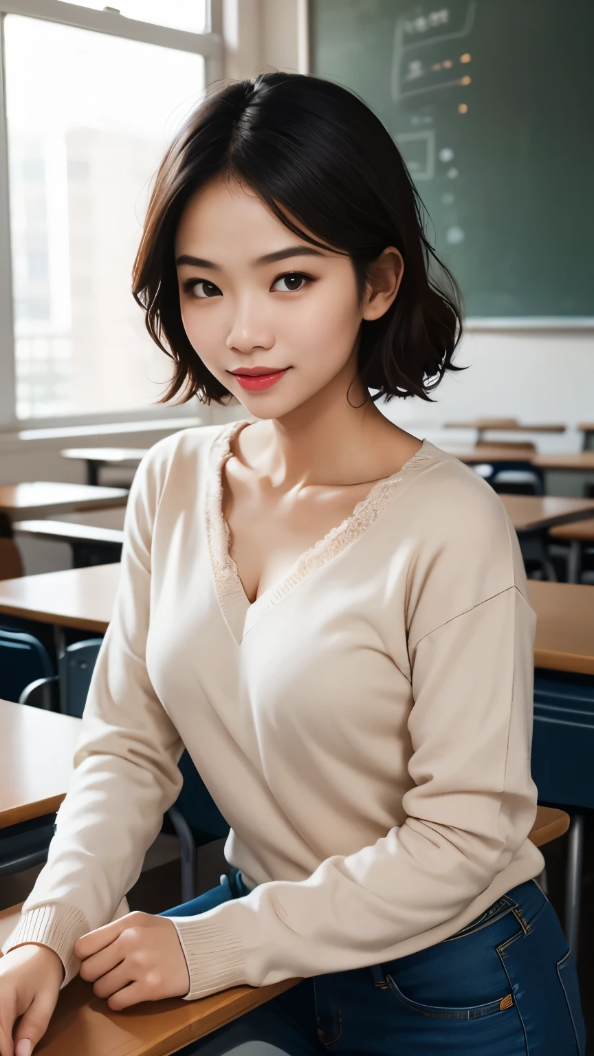 Lace, MALAY GIRL, masterpiece, High quality, UHD 32K, Realistic face, Realistic skin feeling , A Japanese Lady, Very cute face, CUTE GIRL, classroom, blackboard, v-neck sweater, jeans, teacher