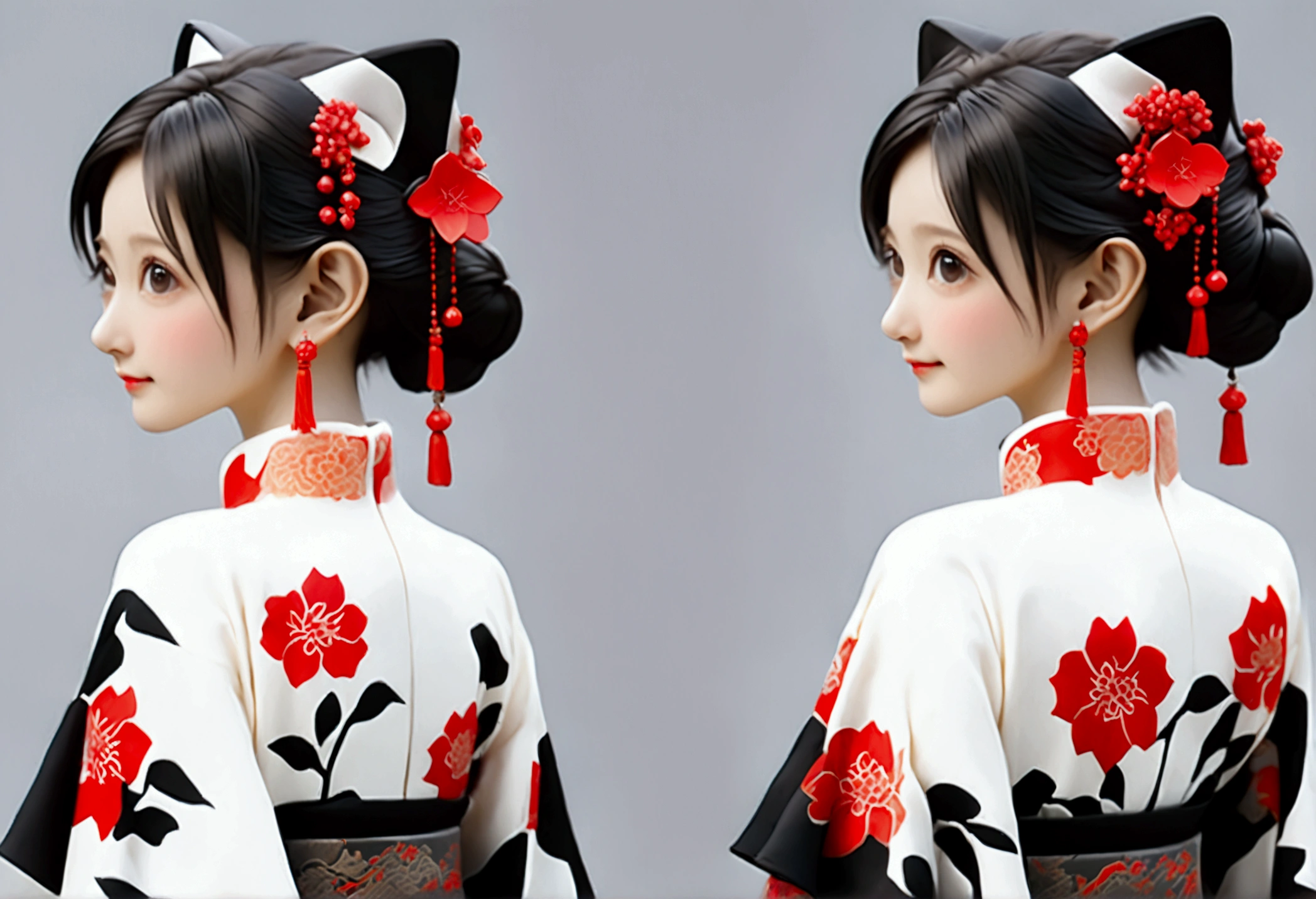 (((Mostrando la vista frontal del mismo diseño de figura IP de personaje 3D、Vista lateral、Vista trasera:1.5)))，Chica joven de moda，Vistiendo un moderno cheongsam teñido con tinta，Cheongsam de seda Atles de colores mezclados en blanco y negro con tinta，Cheongsam tótem uigur，Patrón de buganvilla roja，Estilo cheongsam que combina etnicidad y moda.，patrón retro chino，Lindo patrón floral，mangas de avión，mangas anchas，Mangas de globo，Mangas de pipa，Crea personajes de tendencia nacional en 3D.，Patrón delicado de buganvilla，Integración cultural multiétnica，Estilo chino tridimensional，Diseño de figura IP de personaje 3D de estilo chino.，Rostro ovalado perfectamente proporcionado，Textura de calidad ultraalta a nivel de película，iluminación global，（Estilo de cuerpo completo），((El mismo diseño de figura IP de personaje en 3D con la misma ropa y accesorios desde múltiples perspectivas，Vista frontal del mismo diseño de figura IP de personaje 3D，同一个3D人物IP手办设计的Vista lateral，同一个3D人物IP手办设计的Vista trasera))，
