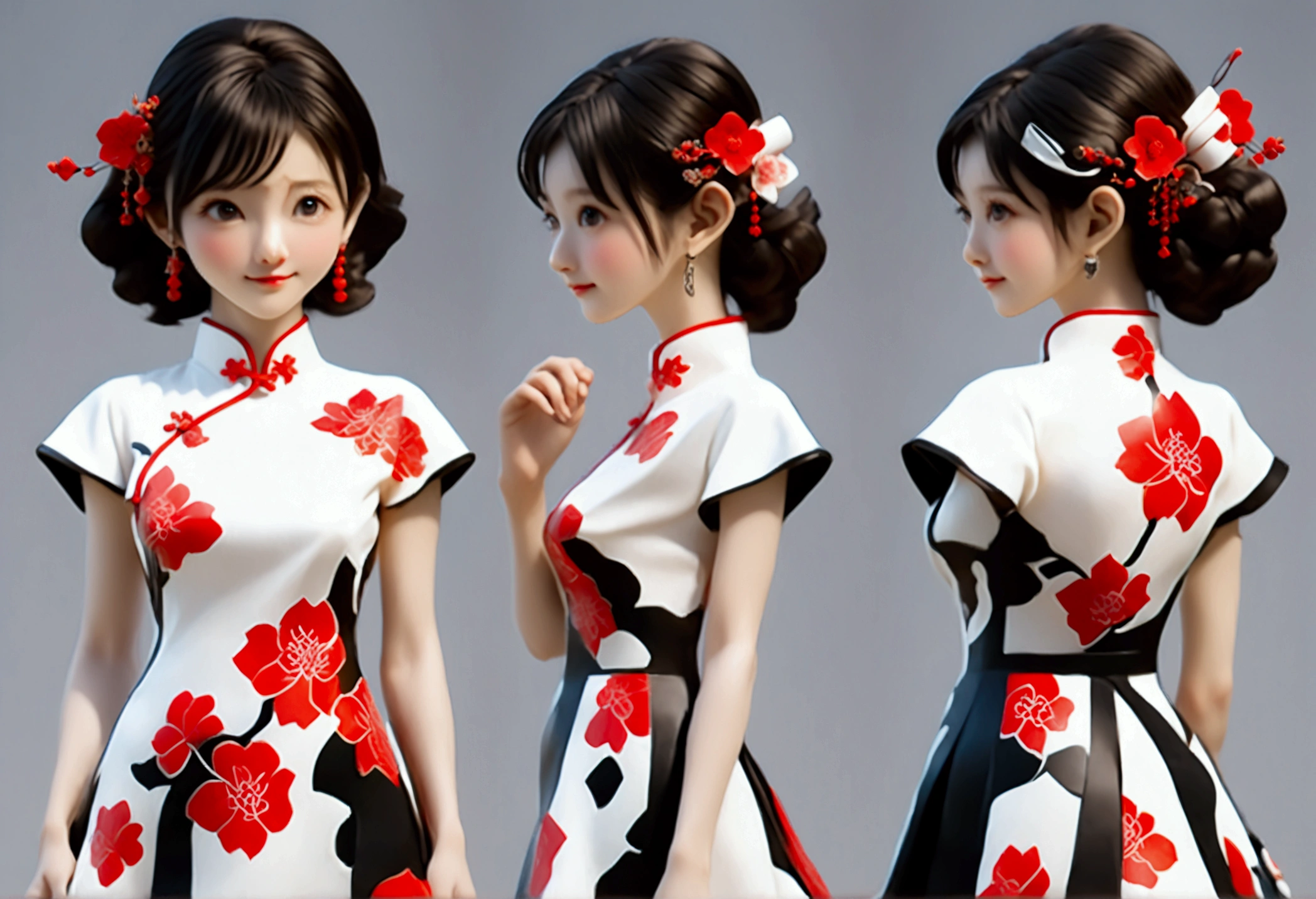 (((Mostrando la vista frontal del mismo diseño de figura IP de personaje 3D、Vista lateral、Vista trasera:1.5)))，Chica joven de moda，Vistiendo un moderno cheongsam teñido con tinta，Cheongsam de seda Atles de colores mezclados en blanco y negro con tinta，Cheongsam tótem uigur，Patrón de buganvilla roja，Estilo cheongsam que combina etnicidad y moda.，patrón retro chino，Lindo patrón floral，mangas de avión，mangas anchas，Mangas de globo，Mangas de pipa，Crea personajes de tendencia nacional en 3D.，Patrón delicado de buganvilla，Integración cultural multiétnica，Estilo chino tridimensional，Diseño de figura IP de personaje 3D de estilo chino.，Rostro ovalado perfectamente proporcionado，Textura de calidad ultraalta a nivel de película，iluminación global，（Estilo de cuerpo completo），((El mismo diseño de figura IP de personaje en 3D con la misma ropa y accesorios desde múltiples perspectivas，Vista frontal del mismo diseño de figura IP de personaje 3D，同一个3D人物IP手办设计的Vista lateral，同一个3D人物IP手办设计的Vista trasera))，
