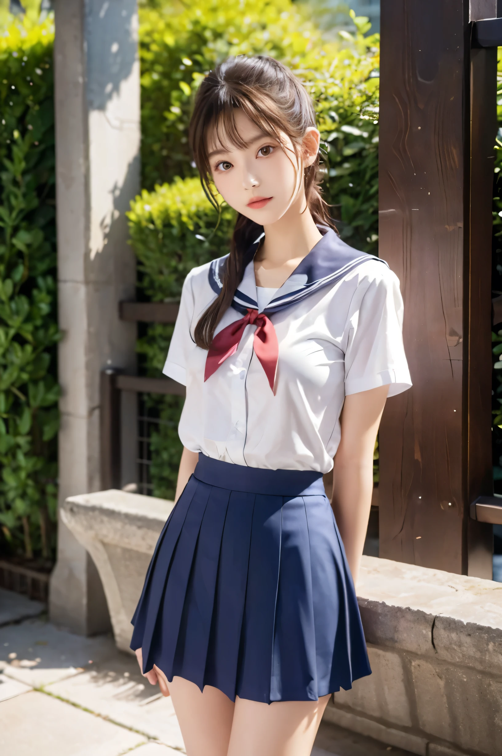 (Ultra HD), (Sailor suit:1.4, White short sleeve shirt, Navy blue mini skirt), Big Breasts, slender, Narrow waist, whole body, Standing posture, (Clean and shiny skin, Whitening, No makeup), (Super slim face, Super beautiful face), (Light Brown Ponytail, Layered Cut, Fluffy hair), (double eyelid, Slanted Eyes), Small Nose, Thin lips, Thin legs, school gate