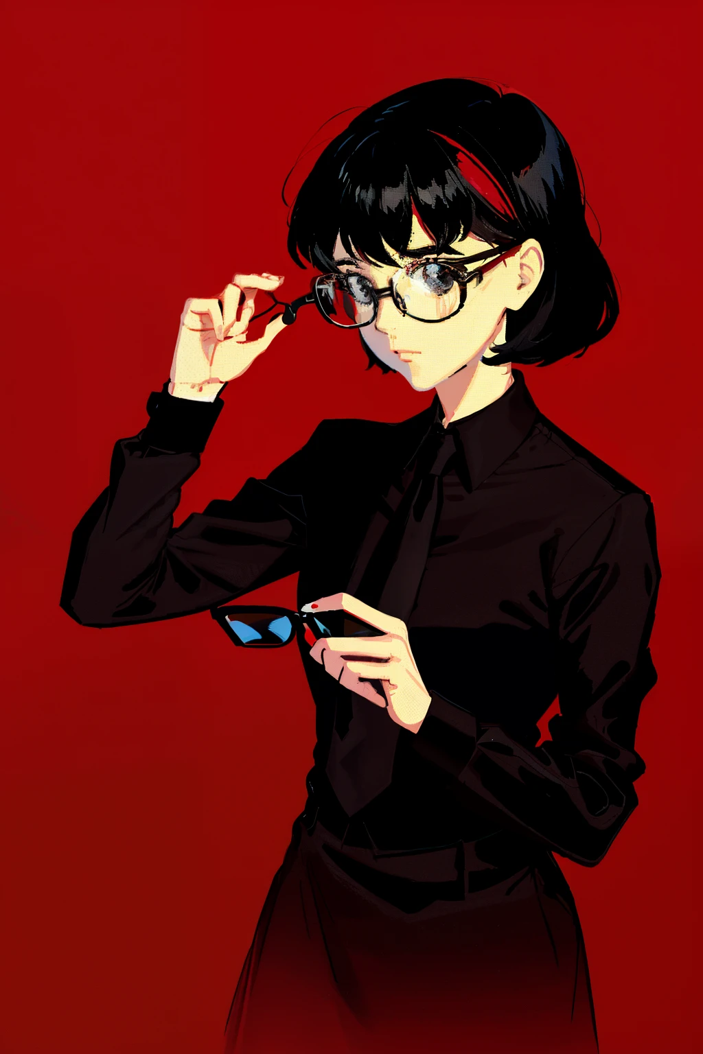 a 1girl, body complet, very detail, a lot of details, very extremely beautiful,  ((masterpiece, minimalism)), (short black hair), black necktie, (red shirt), Dark colors, looks into space, ((glasses)), ((impressionism))