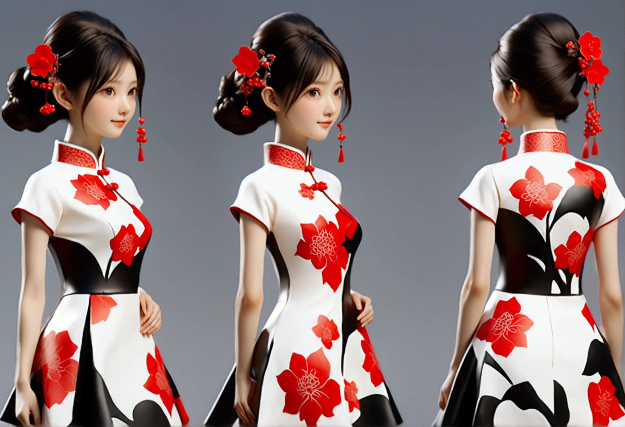 (((Showing the front view of the same 3D character IP figurine design、Side View、Rear view:1.5)))，Young fashionable girl，Wearing a fashionable ink-dyed cheongsam，Ink black and white mixed color Atles silk cheongsam，Uyghur totem cheongsam，Red bougainvillea pattern，Cheongsam style combining ethnicity and fashion，Chinese retro pattern，Cute floral pattern，airplane sleeves，Wide sleeves，Balloon sleeves，Pipa sleeves，Create 3D national trend characters，Delicate bougainvillea pattern，Multi-ethnic cultural integration，Three-dimensional Chinese style，Chinese style 3D character IP figure design，Perfectly proportioned oval face，Film-level ultra-high quality texture，Global Illumination，（Full body styling），((The same 3D character IP figure design with the same clothing and accessories from multiple perspectives，Front view of the same 3D character IP figurine design，同一个3D人物IP手办设计的Side View，同一个3D人物IP手办设计的Rear view))，
