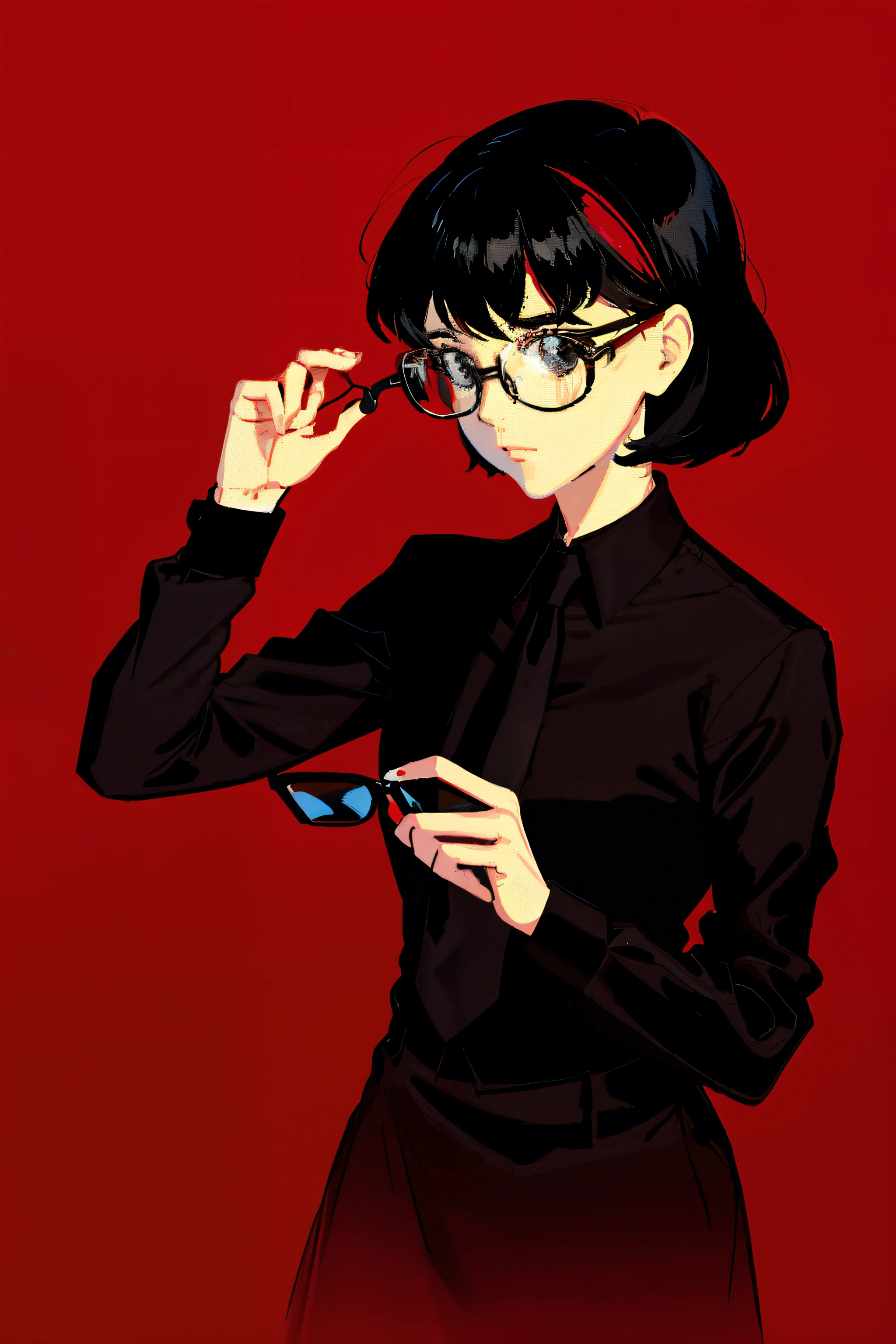 a 1girl, body complet, very detail, a lot of details, very extremely beautiful,  ((masterpiece, minimalism)), (short black hair), black necktie, (red shirt), Dark colors, looks into space, ((glasses)), ((impressionism))