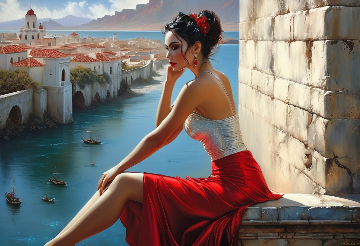 painting of a woman in a red skirt sitting on a wall, karol bak uhd, fantasy woman, fantasy oil painting, realistic fantasy painting, style of karol bak, beautiful fantasy painting, magali villeneuve', by tom bagshaw and boris vallejo, fantasy oil canvas, very beautiful fantasy art, hyperrealistic fantasy art, beautiful fantasy art, sensual painting