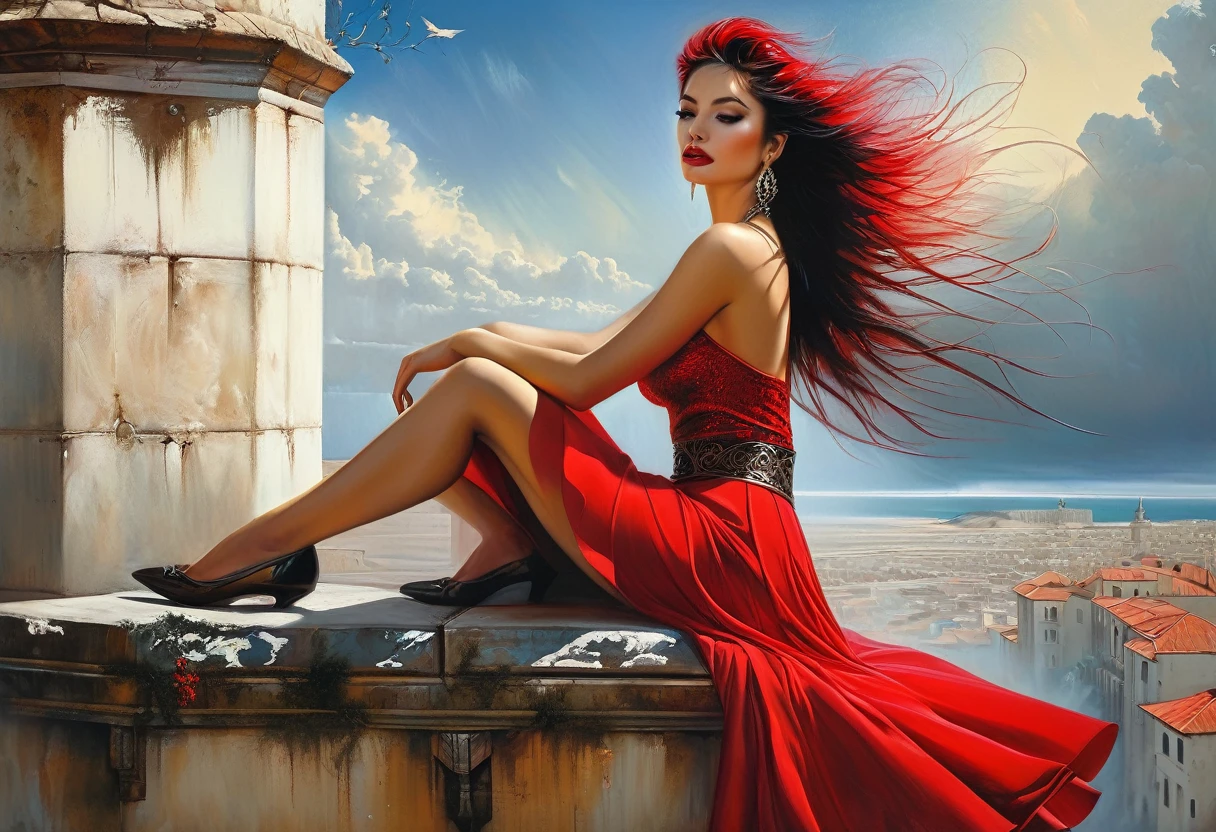 painting of a woman in a red skirt sitting on a wall, karol bak uhd, fantasy woman, fantasy oil painting, realistic fantasy painting, style of karol bak, beautiful fantasy painting, magali villeneuve', by tom bagshaw and boris vallejo, fantasy oil canvas, very beautiful fantasy art, hyperrealistic fantasy art, beautiful fantasy art, sensual painting