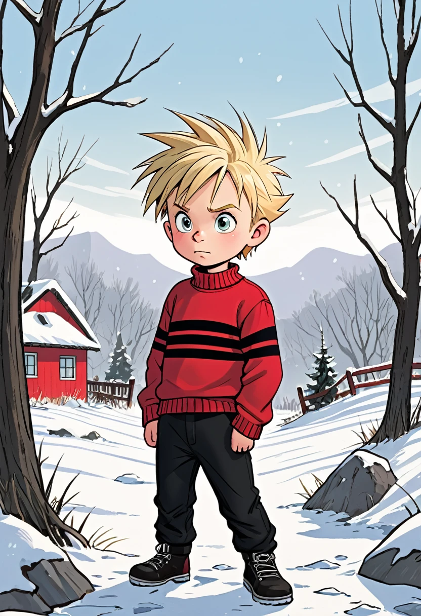 6 year old boy, spiky blond hair, mischievous, troublemaking, childish, stubborn, ill-behaved, black pants, red sweater with small horizontal black stripes, winter landscape, graphic novel illustration