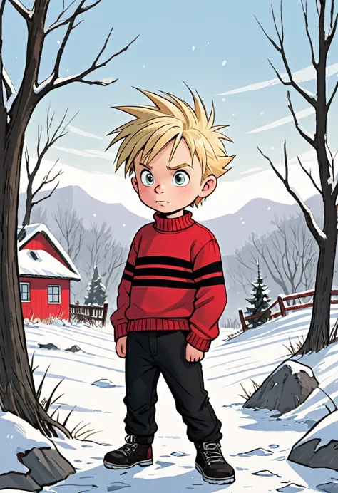 6 year old boy, spiky blond hair, mischievous, troublemaking, childish, stubborn, ill-behaved, black pants, red sweater with sma...