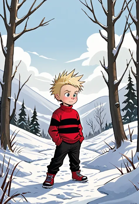 6 year old boy, spiky blond hair, mischievous, troublemaking, childish, stubborn, ill-behaved, black pants, red sweater with sma...