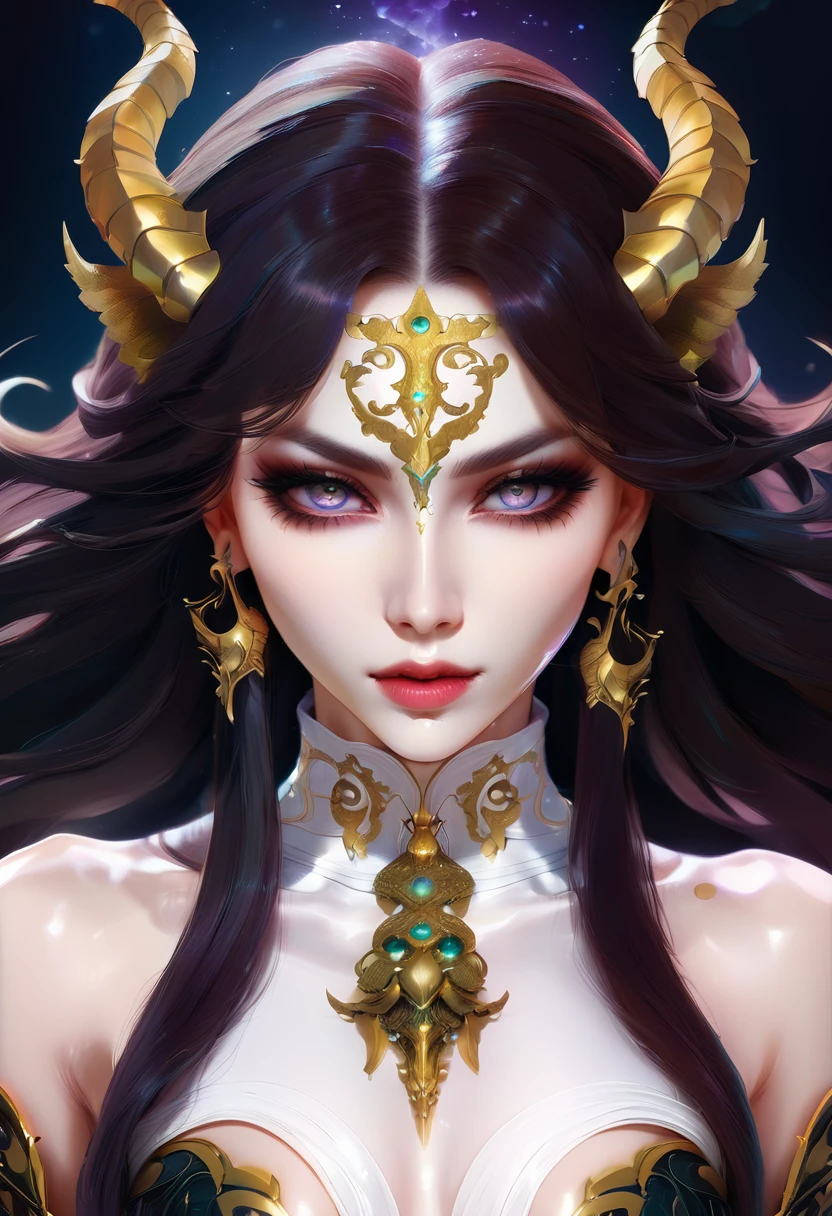 A mystical chimera, angelic and demonic, ethereal anime style, surreal dark fantasy, beautiful detailed eyes, beautiful detailed lips, extremely detailed intricate face, long lashes, flowing hair, dramatic lighting, deep rich colors, dramatic colors, dramatic shadows, highly detailed, 8k, cinematic, concept art, digital painting