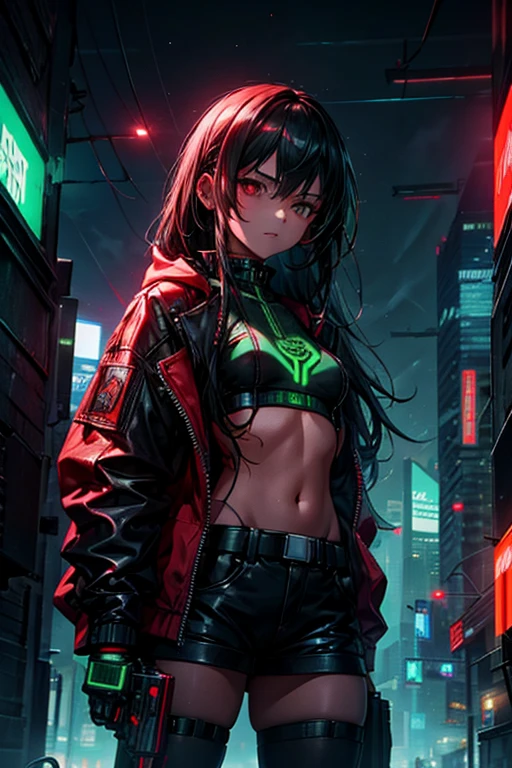 สาวสวยหน้าอกเล็ก, สวมเสื้อแจ็คเก็ตที่แข็งแรง, ผมยาว, ฉากกลางคืน Cyberpunk พร้อมอาวุธกล, พื้นหลังสีเขียวสีแดงไซเบอร์พังค์