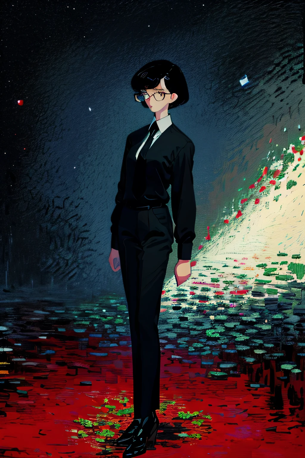 a 1girl, body complete, full body, ((very detail)), a lot of details, very extremely beautiful,  ((masterpiece, minimalism)), (short black hair), black necktie, (red shirt), Dark colors, looks into space, ((glasses)), ((impressionism))