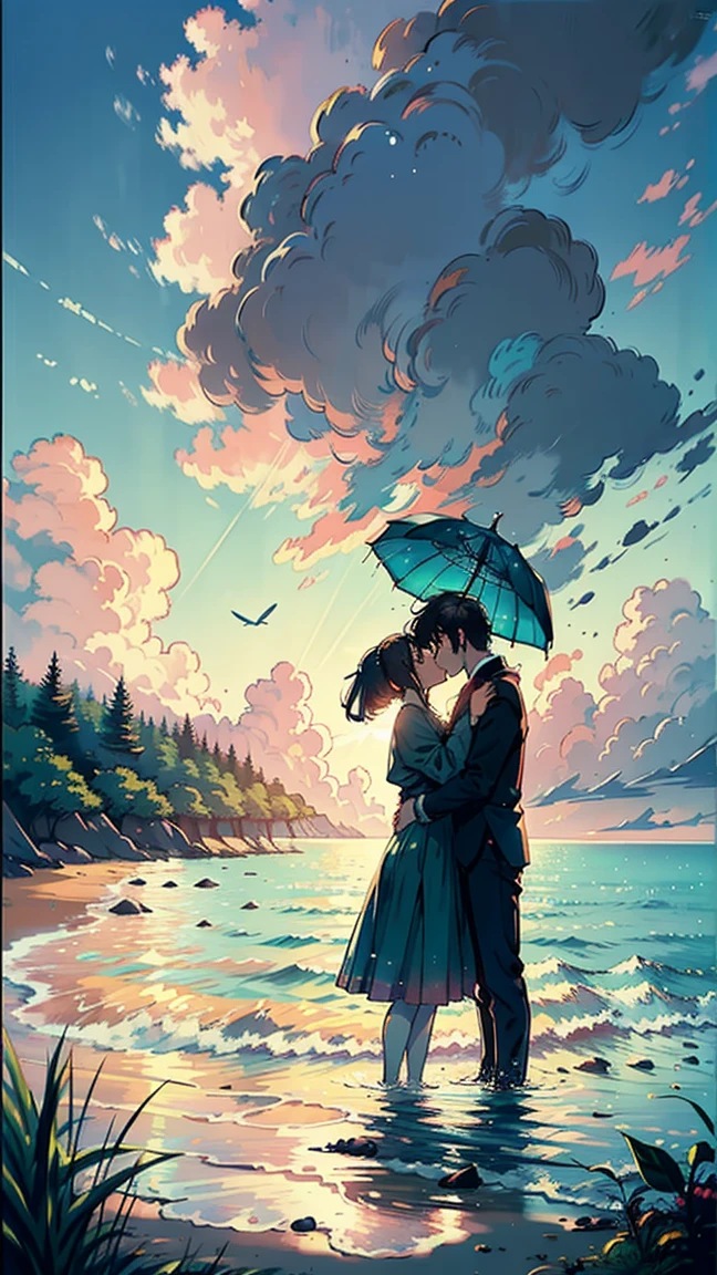 \A romantic couple standing together on a beach, holding a red umbrella. The man and woman embrace each other tenderly, looking into each other's eyes with love and affection. The scene is set against a backdrop of a vast ocean, with gentle waves and a beautifully clouded sky. The grass in the foreground is lush and green, providing a soft base for the scene. The image has a slightly painterly effect, with the colors appearing vibrant and soft, reminiscent of an anime or watercolor painting. The overall atmosphere is serene and romantic, capturing a tender moment between the couple. The focus is on the couple, with the background slightly blurred, adding depth to the composition. The photograph is taken from a wide perspective, making the couple appear far away, and capturing a broad view of the sky and landscape. This wide-angle approach emphasizes the expansive beauty of the surroundings, highlighting the serene ocean and the vast, cloud-filled sky, enhancing the dreamy and romantic ambiance of the scene