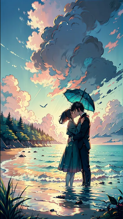 \a romantic couple standing together on a beach, holding a red umbrella. the man and woman embrace each other tenderly, looking ...