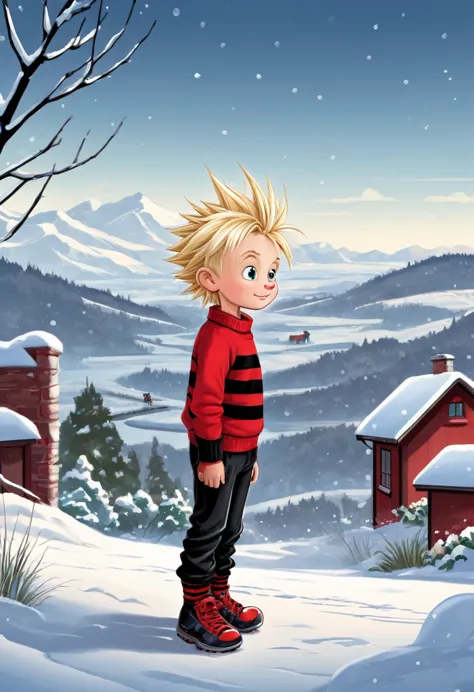 6 year old boy, spiky blond hair, mischievous, troublemaking, childish, stubborn, ill-behaved, black pants, red sweater with sma...