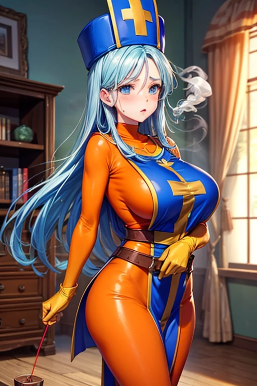 masterpiece, Highest quality,  Unreal Engine,  Super Resolution,  Very detailed, 

Beautiful woman, Dragon Quest Female Monk, long sky blue hair, Blue priest hat, ((Orange bodysuit)), Mitra, ((Tabard)), Elbow-length gloves, Vivid expression, Healthy Body, Beautifully detailed sweat glands, Smooth skin texture, Carefully drawn, 

(humidity:1.5), (Lewd Scent:1.5), Beautiful Eyes, (Attractive face:1.2), (Beautiful Skin), Tight waist, (Big Breasts), Round Breasts, (Sticky with sweat), Irresistibly sexy pose, 

In the world of Dragon Quest, ((In a room filled with the smoke of aphrodisiac incense)), 