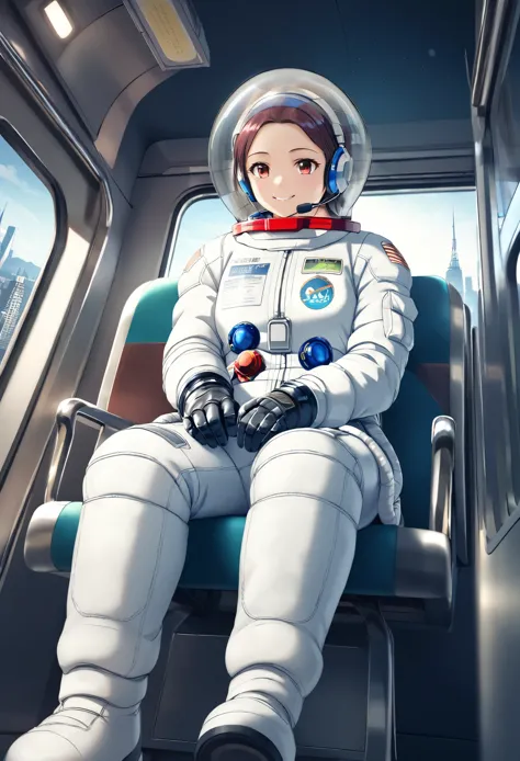 space helmet, (cinematic scene, sitting on a chair, train interior, , city view, night view: 1.5), space helmet, eva helmet, spa...