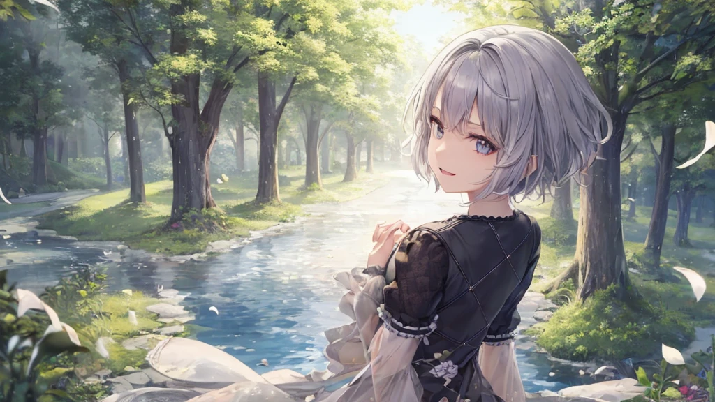 Ultra HD,Look at the viewers, Put your hands behind your back, With a girl, 20-year-old, 非常にShort Hair, Long bangs between the eyes, Pale blue eyes, Very detailed,(masterpiece、Highest quality),Gray Hair、Laughter、Fantastic, Silver Hair, Iris, Short hair、 Fluttering Hair、Small Face、明るいsmile、(Detailed face) ,Professional Lighting,Wonderful landscape,blue sky, sunlight,Looking down from above,Portraiture、Open your mouth、Flower Field、Her eyes were shining、Mysterious and enchanting atmosphere。With AI Painting、とてもShort Hair, Long bangs between the eyes, Very detailed,(masterpiece、Highest quality)、alone、Gray Hair、Fantasy, Silver Hair, Fantasyな風景、smile、Open your mouth、short hair、Short Hair、hairpin、black eye、Grey Eyes、Beautiful Eyes、Black Shirt、White hoodie