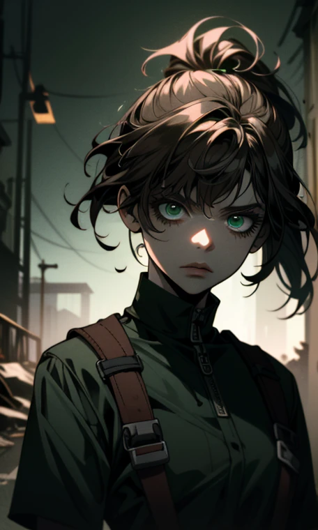 ((ultra detailed, masterpiece, absurdres))
 TLOUEllie, 1girl, ponytail, brown hair, green eyes, Abandoned prison yard with dramatic shadows, dynamic lighting, eerie and haunting