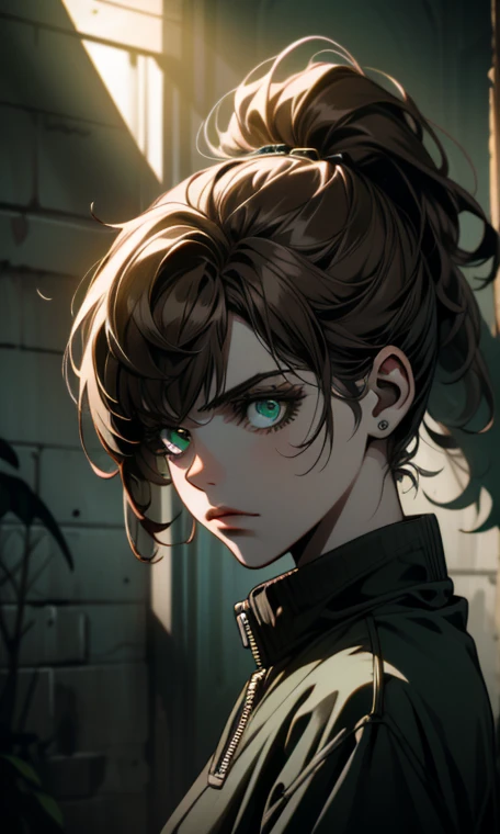 ((ultra detailed, masterpiece, absurdres))
 TLOUEllie, 1girl, ponytail, brown hair, green eyes, Abandoned prison yard with dramatic shadows, dynamic lighting, eerie and haunting