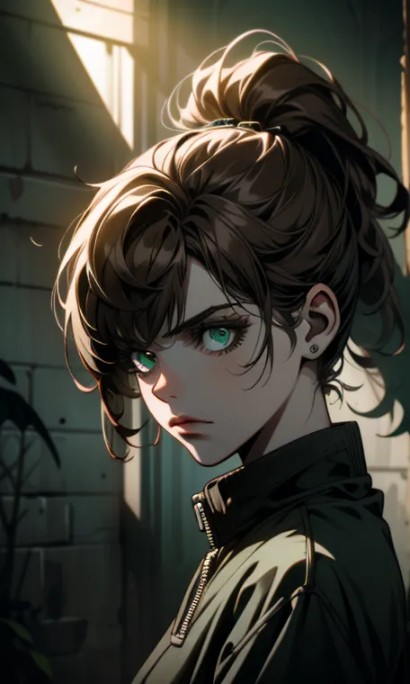 ((ultra detailed, masterpiece, absurdres))
 tlouellie, 1girl, ponytail, brown hair, green eyes, abandoned prison yard with drama...