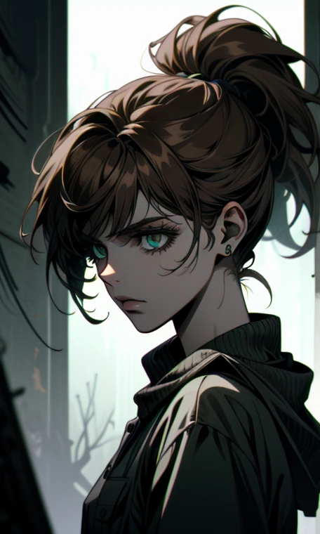 ((ultra detailed, masterpiece, absurdres))
 TLOUEllie, 1girl, ponytail, brown hair, green eyes, Abandoned prison yard with dramatic shadows, dynamic lighting, eerie and haunting