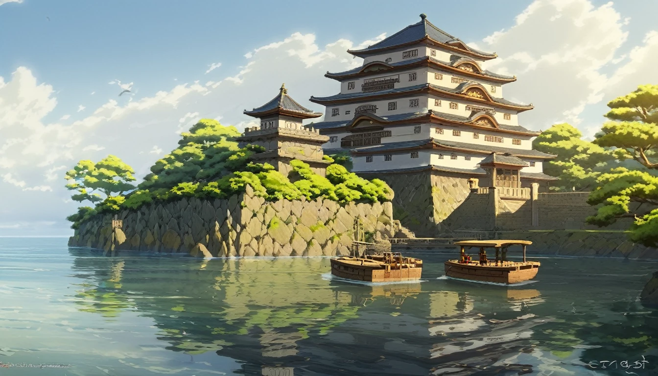 Animationsszene mit Schloss auf kleiner Insel und auf dem Wasser treibendem Boot, Studio Ghibli-Komposition, Studio Ghibli-Schema, Cinematic Studio Ghibli Still, Studio Ghibli-Umgebung, Stil von Studio Ghibli, Studio Ghibli Landschaft, Studio Ghibli, glatte Konzeptkunst, aus dem Studio Ghibli-Film, Studio Ghibli & James Gurney, Studio Ghibli Sonnenlicht, im Studio Ghibli Animefilm
