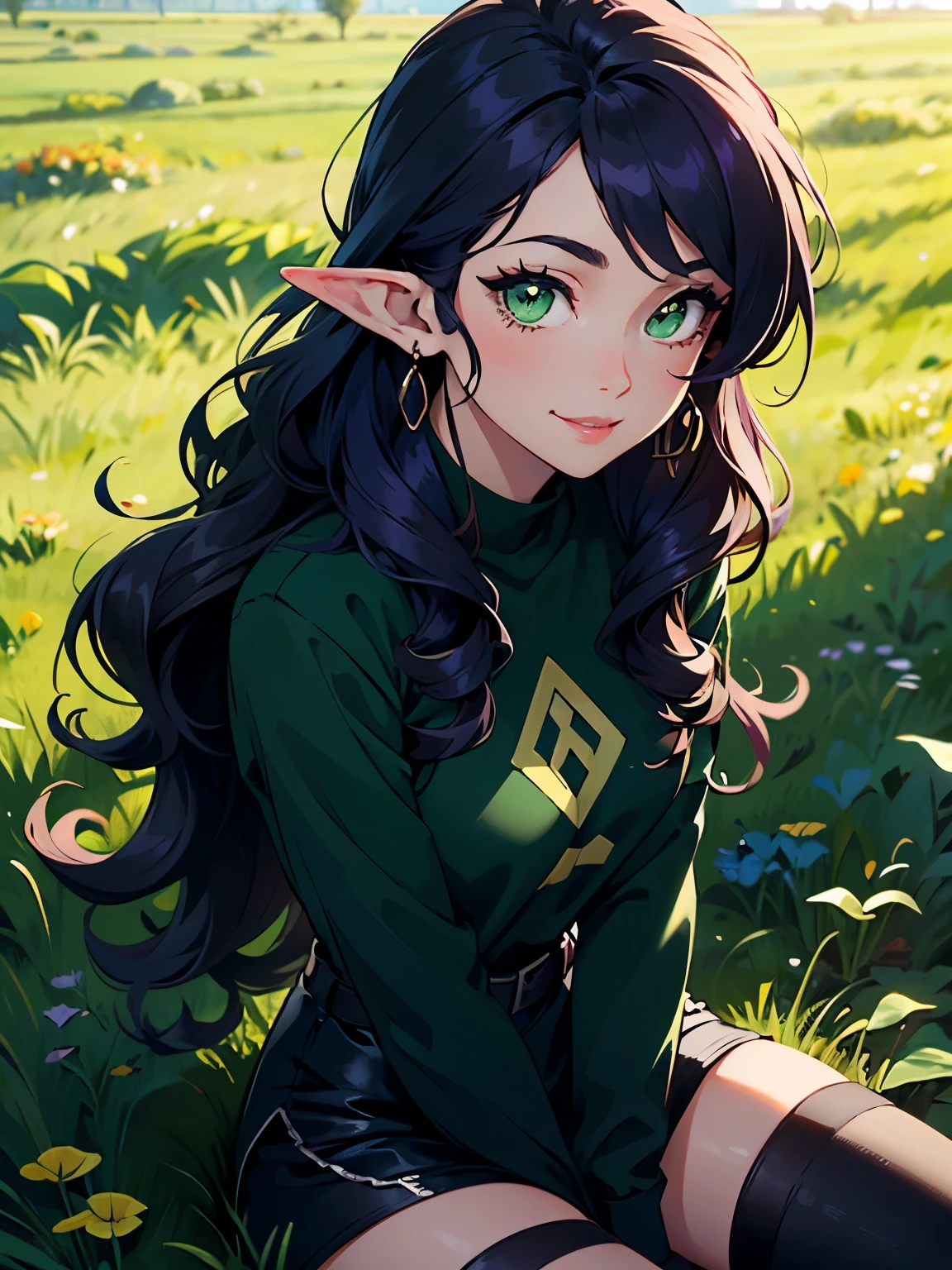 masterpiece, high quality, (1_woman), (upper body), (exotic skin_complexion), mature, smiling, grinning, beautiful, exotic, with long elf ears, wearing long sleeved shirt with black tshirt on top, black shorts, (bulge), (bright purple hair), long hair, ((wavy hair)), realistic and detailed face having diamond shaped eyes, (((green eyes)), dark_eyeliner, long_eyelashes), natural dynamic lighting casts detailed shadows, black thigh highs, knee high dark brown boots, outside, grassy field,