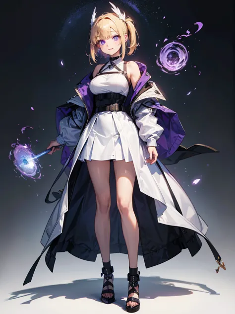 highest quality,((highest quality)),((tabletop)),((perfect face)),1 girl.white and purple dress,white jacket,with a cane,armsを持っ...