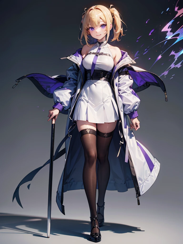 Highest quality,((Highest quality)),((Tabletop)),((Perfect Face)),1 girl.White and purple dress,White jacket,With a cane,armsを持っている,The flames flicker,Blonde,Purple eyes,smile,beauty,((Holographic)),(masterpiece:1.2, Highest quality),(Colored Background) (Beautiful attention to detail: 1.2), (Highly detailed CG Unity 8K wallpapers, masterpiece, Highest quality, Very detailed, Best Shadow), (Detailed Background), White jacket,arms(woman,Carrying a walking stick),alone ,Blonde,Purple eyes,One girl, sketch (Character design sheet, same characters, whole body, Three-View, front, ~ ~ side, return), alone,