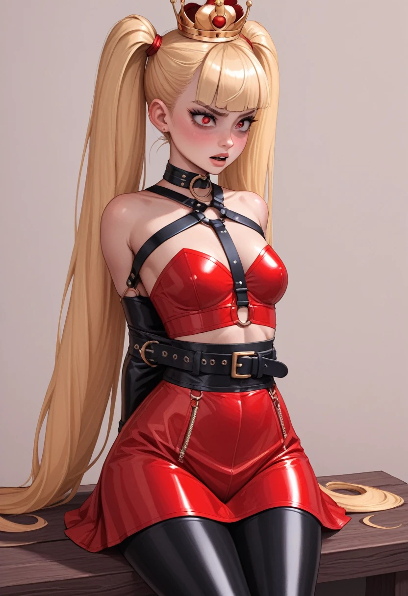 21 years old, overly excited, holding back laughter, frog tied, sitting on a pointy log, all alone, Young woman, Reaper girl, young demon girl, small girl, skinny girl, very long blonde twintails, red eyes, tight black crop top latex swimsuit, black pantyhose, long black cape, arms behind the back, straight elbow, black latex armbinder, both arms in the same black latex sleeve, singleglove, monosleeve, covered in a sweaty mess, huge orgasm, losing control, quivering, view from the back, tight leather belts wrapped arround her chest, tight leather belts wrapped around her legs, perfect hips, perfect round butt, black leatehr belt harness wrapping around her body, golden jewelry with obsidian ornaments, short red skirt, shoulders showing red crop top shirt, golden crown, golden bracelets, golden belt aroun her thigh, handcuffed and restrained tightly, tight leather belt bandage harness bondage