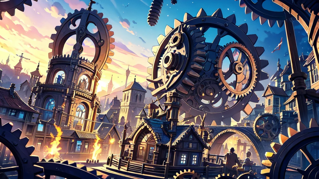 (A nation with constructions made of gears), festival, village, world of steel, GEARS, ultra detailed