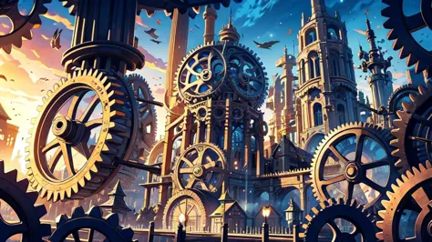 (a nation with constructions made of gears), festival, village, world of steel, gears, ultra detailed