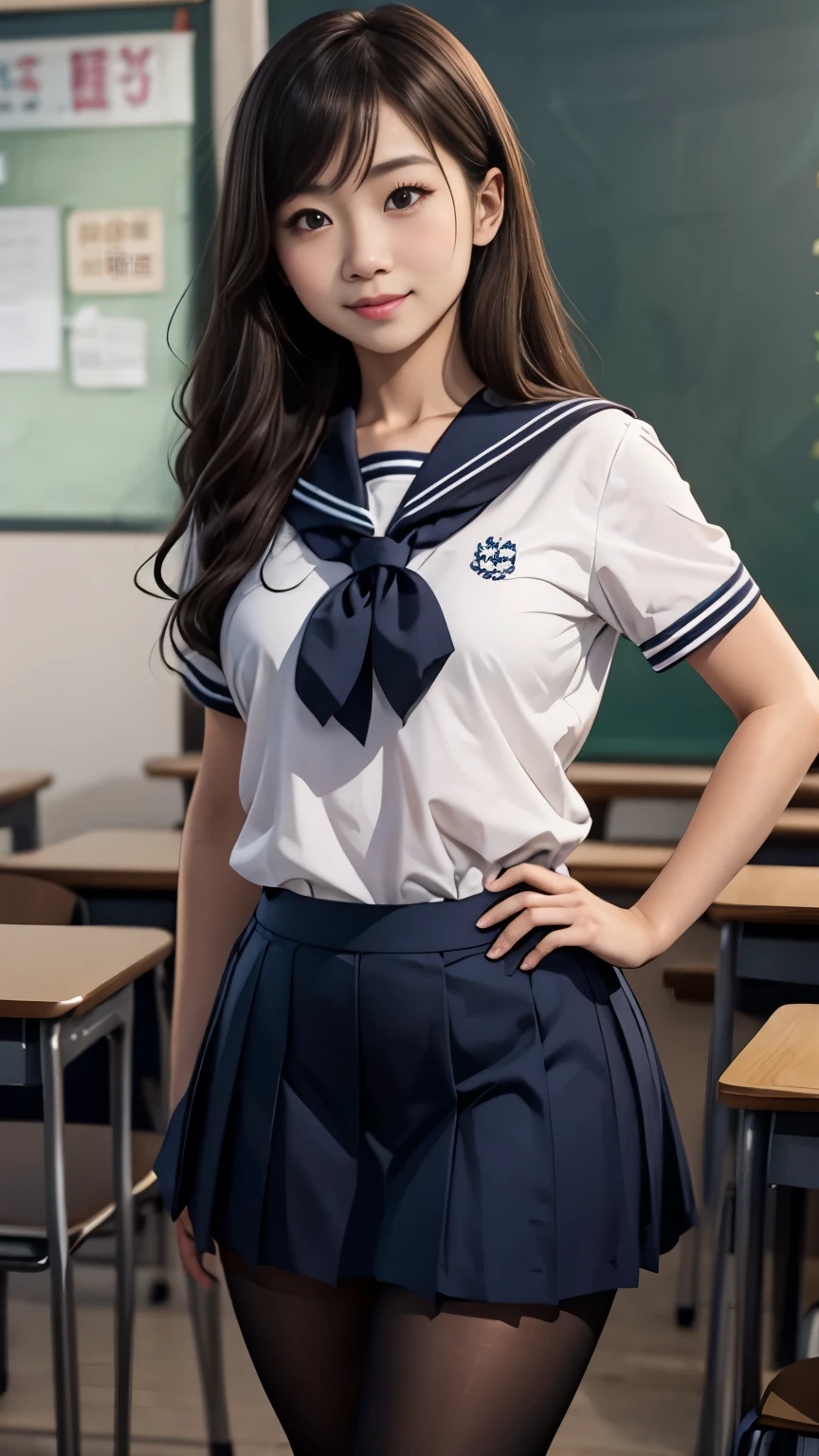 Lace, MALAY GIRL, masterpiece, High quality, UHD 32K, Realistic face, Realistic skin feeling , A Japanese Lady, Very cute face, CUTE GIRL, school, classroom, pleated miniskirt, flirting, mayu kuroe, sailor fuku, tights