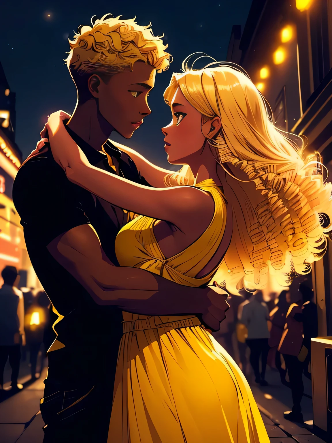 Woman girl with dark skin wearing a yellow dress light brown curly eyes, hugging a wild blond-haired boy man, deceptively shy, side profile, In the background an illuminated city full of lights. the night.