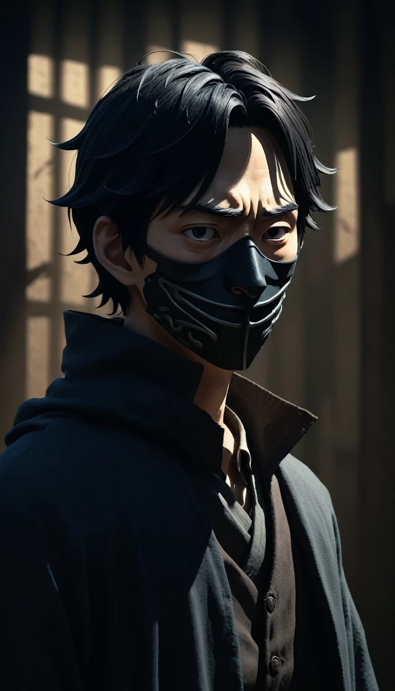 Real，４K，Man Without a Shadow，mask，(Illustration Style，Miyazaki Anime Style)