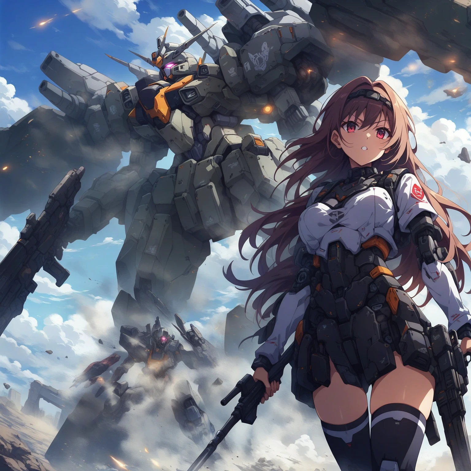 score_9, score_8_up, score_7_up, source_anime,masterpiece, best quality, high resolution, extremely detailed CG, absurdres, highres, a mecha girl holding a sword in front of a giant mech with a large blade, 1girl, weapon, mecha, robot, holding weapon, holding, gun, long hair, holding gun, glowing, sky, thighhighs, cloud, science fiction, outdoors, floating hair,1girl, solo, cleavage, thighs, looking at viewer, mecha musume,neondskdrmsxl, cool face,(SuperQuality:1.2)