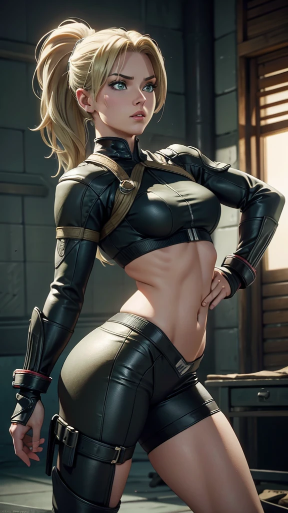 Sonya Blade, (Mortal Kombat), sexy girl, powerful, black classic sexy suit, Young, skynny body, small and beautiful buttocks, toned abdomen, small and beautiful breasts, obscene, sensual, edificios destruidos en Japón en el fondo, Dramatic background, overflows a lot of energy in your body, guns, burns everything in its path, pose en el airw dando una patada, sensual look, beautiful green eyes, classic hairstyle,Hair dyed in bright blonde color, best quality,4k,8k,A high resolution,masterpiece,Ultra detailed,realistic, Photorealistic,photo realistic, ultra realistic 