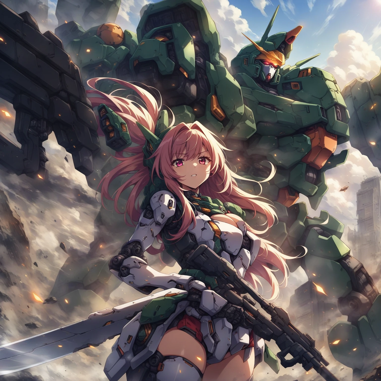 score_9, score_8_up, score_7_up, source_anime,masterpiece, best quality, high resolution, extremely detailed CG, absurdres, highres, a mecha girl holding a sword in front of a giant mech with a large blade, 1girl, weapon, mecha, robot, holding weapon, holding, gun, long hair, holding gun, glowing, sky, thighhighs, cloud, science fiction, outdoors, floating hair,1girl, solo, cleavage, thighs, looking at viewer, mecha musume,neondskdrmsxl, cool face,(SuperQuality:1.2)