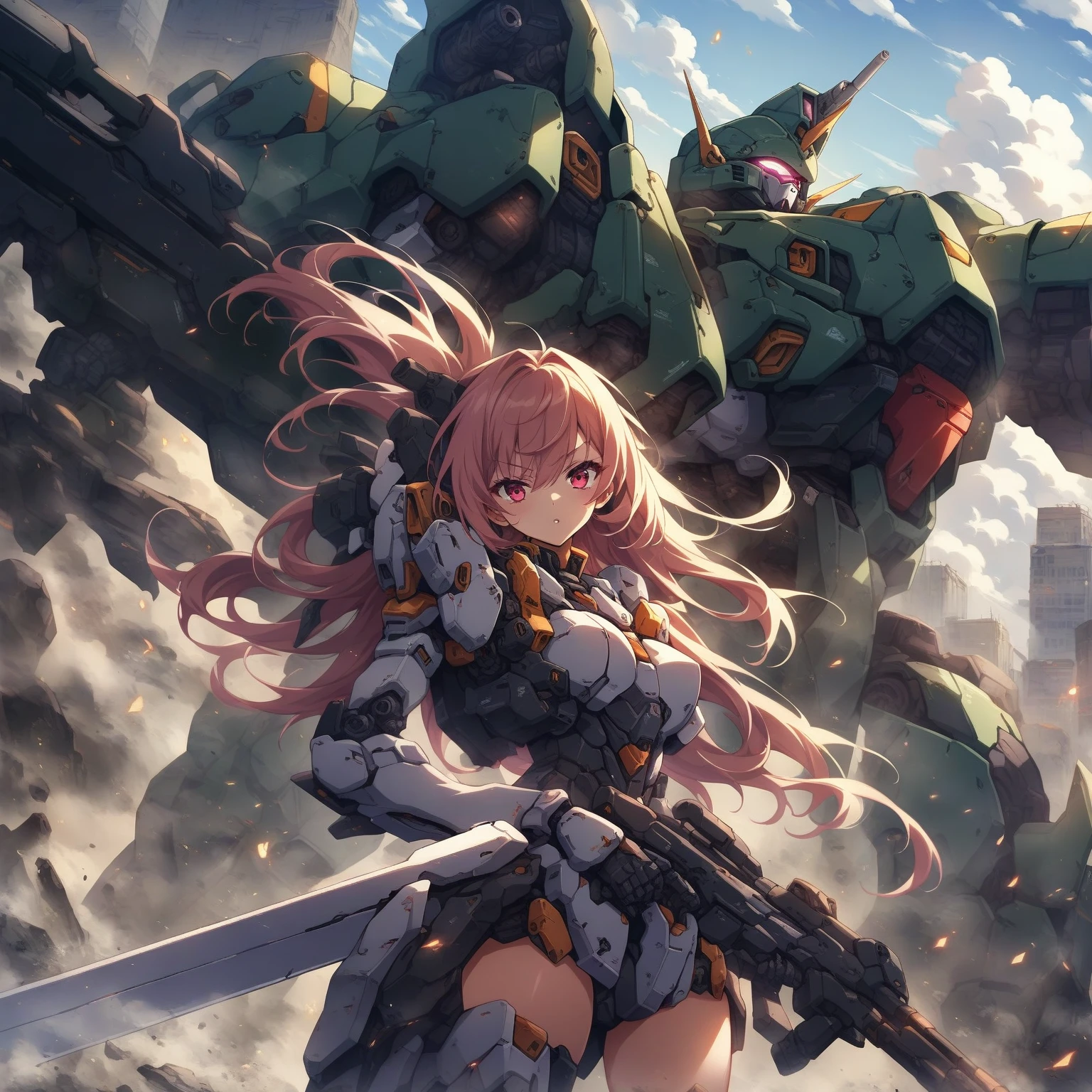 score_9, score_8_up, score_7_up, source_anime,masterpiece, best quality, high resolution, extremely detailed CG, absurdres, highres, a mecha girl holding a sword in front of a giant mech with a large blade, 1girl, weapon, mecha, robot, holding weapon, holding, gun, long hair, holding gun, glowing, sky, thighhighs, cloud, science fiction, outdoors, floating hair,1girl, solo, cleavage, thighs, looking at viewer, mecha musume,neondskdrmsxl, cool face,(SuperQuality:1.2)