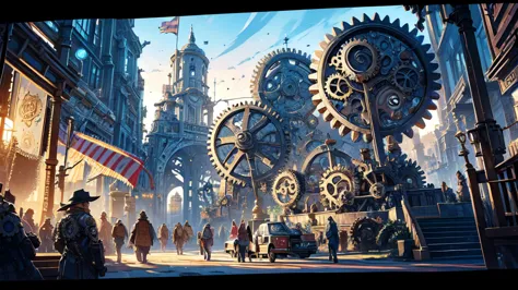 (a nation with constructions made of gears), festival, village, world of steel, gears, ultra detailed