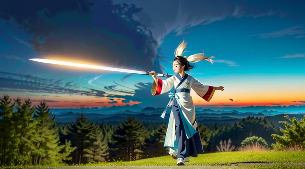 Chinese female swordsman，Wearing white Hanfu，Ancient Chinese Cold Weapon Sword 1.4，Put your feet on the glowing sword, You levitate over the forest，Skytop background of bustling city，Swirling cyan glow，Essence Immortal 1.5，Ultra-wide photo，Tyndall effect，Glow effect，Estilo de Makoto Shinkai，Optoelectronic style，Meticulous brushstrokes，Realistic pop music，New School Beast，Knolling，8K，Golden Tornado、Neatly arranged，Fantastic landscape, The light of the knife around the character