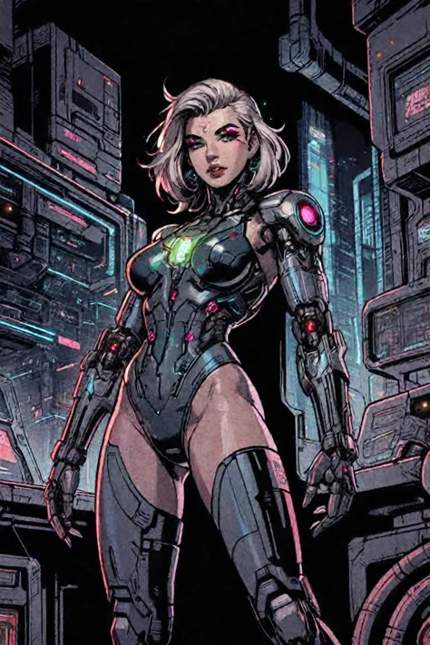 a woman in a futuristic suit standing in front of a city, clothed in cyber armour, girl in mecha cyber armor, cyborg - girl, cyb...