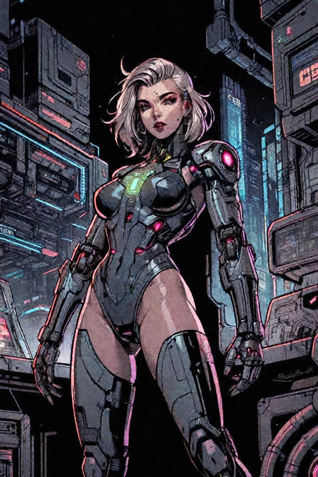 a woman in a futuristic suit standing in front of a city, clothed in cyber armour, girl in mecha cyber armor, cyborg - girl, cyber suit, cyborg girl, cybersuit, female cyborg, beautiful cyborg girl pinup, cyborg - girl with silver hair, perfect android girl, cute cyborg girl, beutiful white girl cyborg, barbie cyborg, cyber armour