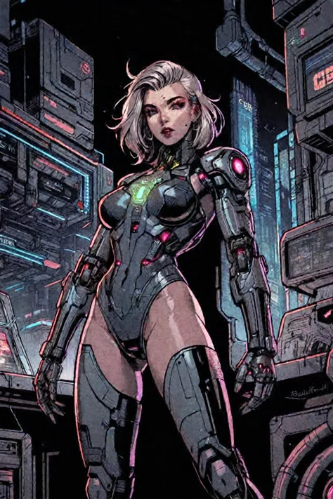 a woman in a futuristic suit standing in front of a city, clothed in cyber armour, girl in mecha cyber armor, cyborg - girl, cyb...