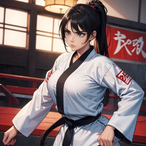 A hot karate long sleeve and in fighing position girl with a stern face