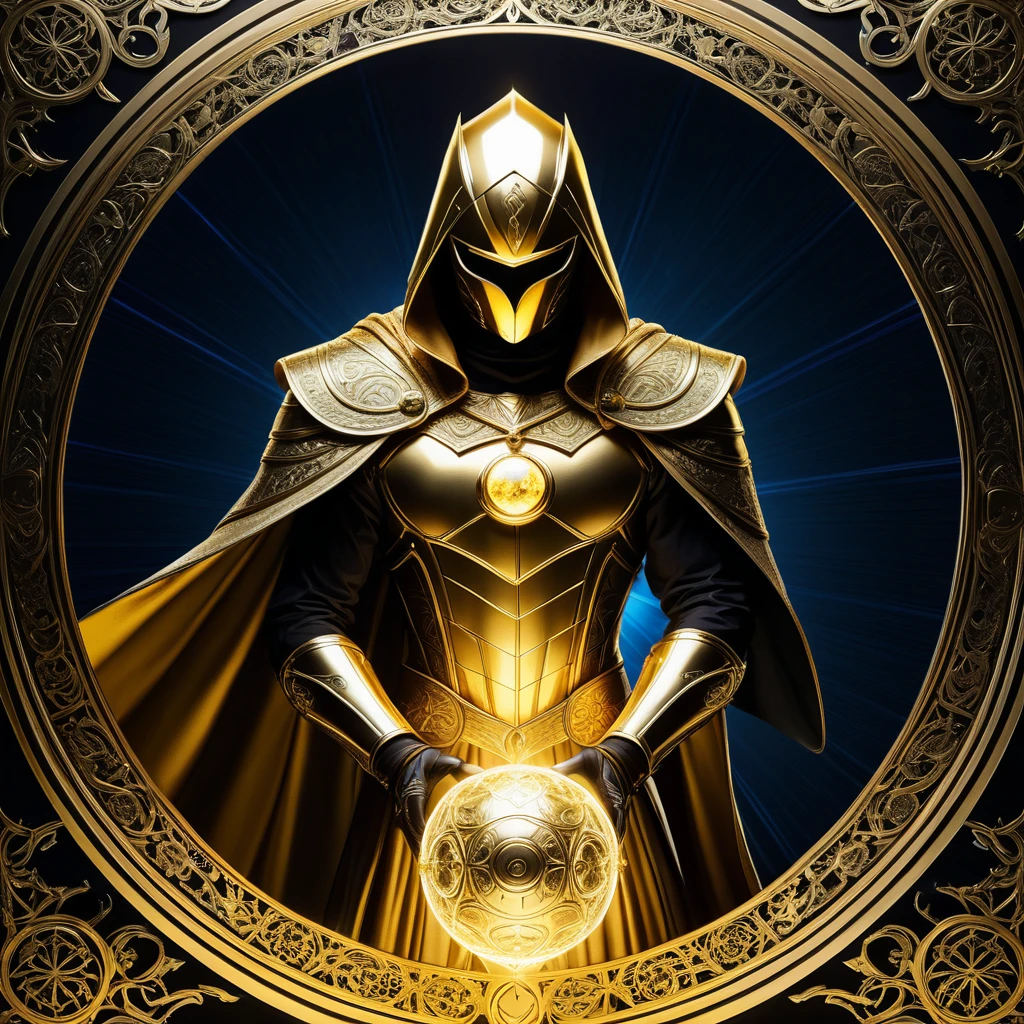 Create a comic book-style image featuring five alchemy-based heroes. A cena deve ter um tom épico e Vibrant, with dramatic lighting that highlights the details of the characters. Each hero must have a unique look and elements that represent alchemy. 1. **Aurum, the Golden Alchemist:** Aurum must have shining golden armor, with engraved alchemical symbols. He holds a helmet in one hand and a golden orb in the other., that shines brightly. Its cape is long and made of fine fabric, fluttering with the wind. Your face exudes determination and wisdom. 2paperCut, Conrado Roset, Breathtaking artwork Epic wide-angle Matrix illustration made from (opalescent irradiance:1.25) and colorful energy, Vibrant, highy detailed, paperCut