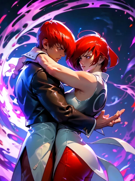 (The best quality,4k,High Resolutions:1.2),ultra detailed,(realist:1.37),1boy,only, Iori Yagami KOF,Iori Yagami,,Fiercely flowing red hair waving in the wind,black leather vest that fits perfectly to his muscular frame,white nightgown fluttering around him,red pants hugging her legs,black shoes shining with elegant polish