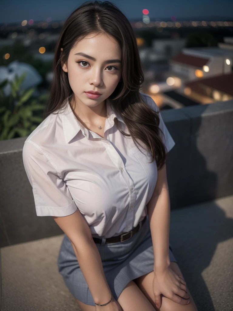 1girl, (uniform), sits with her legs pressed to her chest, detailed night view of Metropolitan city at the background, detailed face, detailed eyes, brunette, big breasts, smooth realistic skin, semi-curvy body, white shirt, grey blue hot miniskirt , looking at the audience, Full body shot, camera from above, (overhead view:1.4), (zoom out:1.4), (8k, RAW photo, best quality, masterpiece: 1.2), (realistic, realistic: 1.37), ultra-high resolution