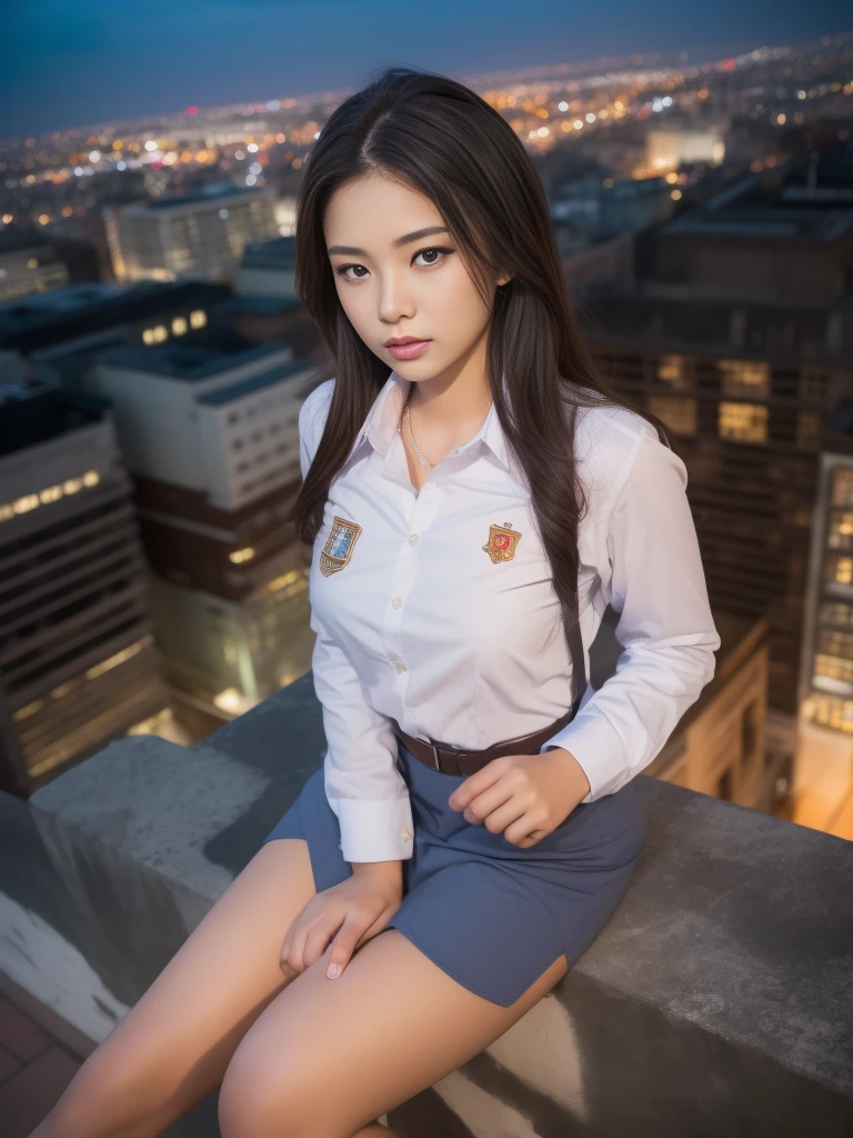 1girl, (uniform), sits with her legs pressed to her chest, detailed night view ofMetropolitan city at the background, detailed face, detailed eyes, brunette, big breasts, smooth realistic skin, semi-curvy body, white shirt, grey blue hot miniskirt , looking at the audience, Full body shot, camera from above, overhead view, (8k, RAW photo, best quality, masterpiece: 1.2), (realistic, realistic: 1.37), ultra-high resolution