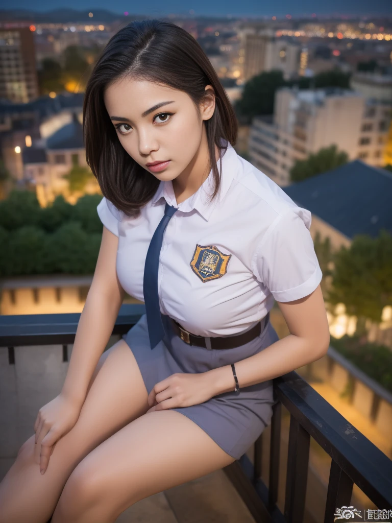 1girl, (uniform), sits with her legs pressed to her chest, detailed night view ofMetropolitan city at the background, detailed face, detailed eyes, brunette, big breasts, smooth realistic skin, semi-curvy body, white shirt, grey blue hot miniskirt , looking at the audience, Full body shot, camera from above, overhead view, (8k, RAW photo, best quality, masterpiece: 1.2), (realistic, realistic: 1.37), ultra-high resolution